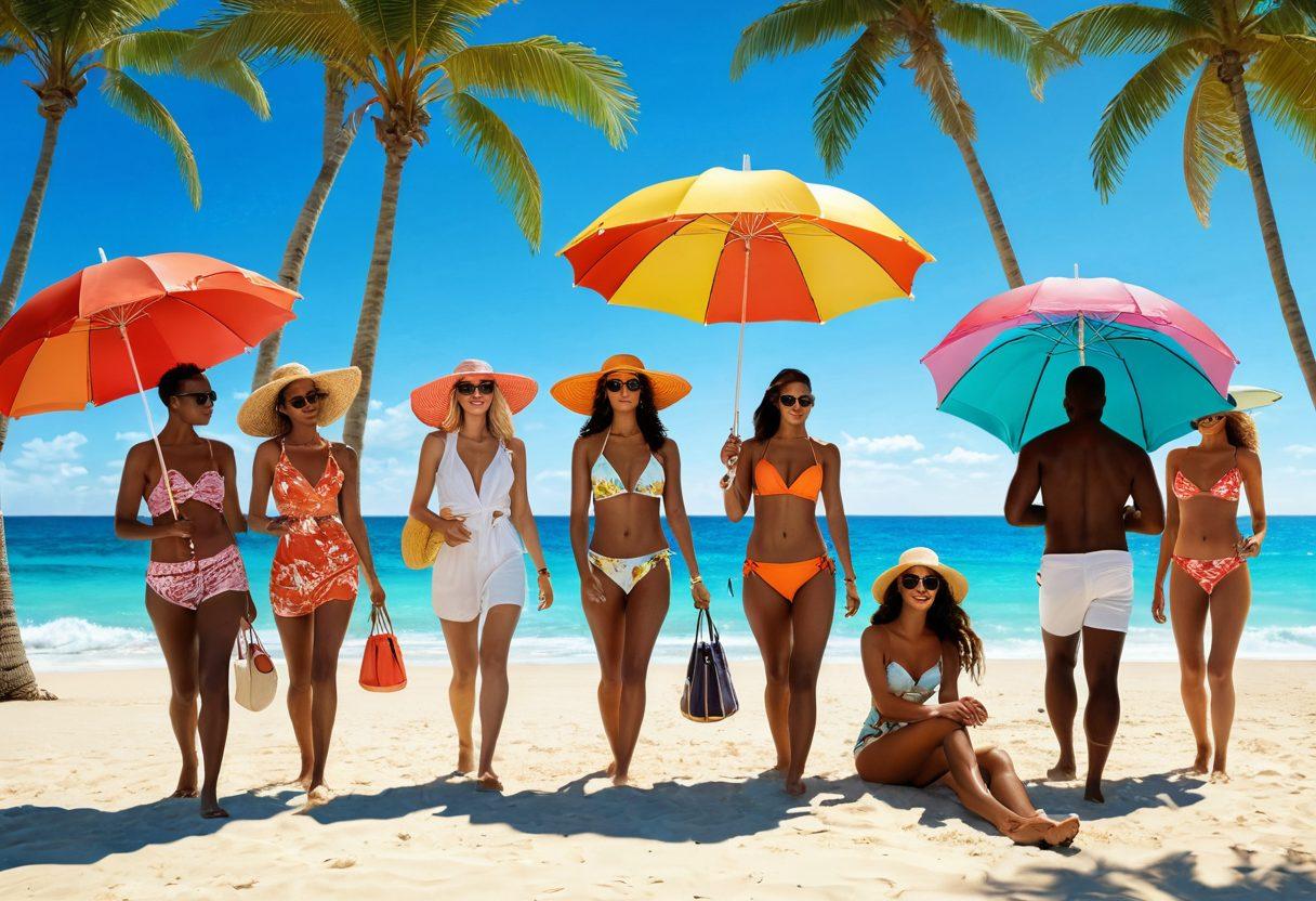 An elegant beach scene showcasing a diverse group of stylish individuals wearing trendy beachwear. Include bright sun umbrellas, sandy shores, and a shimmering ocean in the background. Highlight accessories like sunglasses, hats, and beach bags, exuding a chic seaside vibe. Incorporate vibrant colors and a lively atmosphere to reflect summer fun. super-realistic. vibrant colors. 3D.