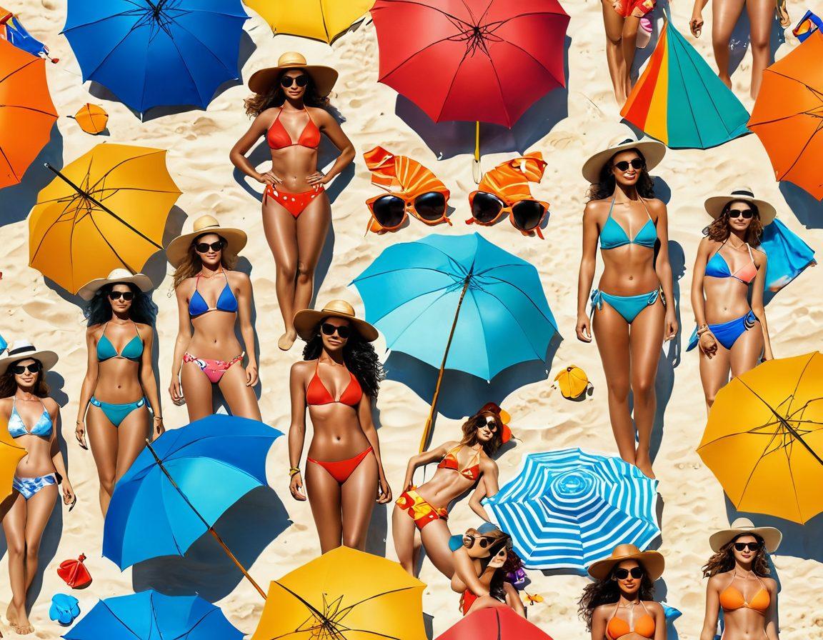 A vibrant beach scene showcasing an array of stylish bikinis on a sunny day. Include diverse models flaunting different bikini styles, from high-waisted to sporty, with colorful beach towels and umbrellas in the background. Add detailed elements like sun hats, sunglasses, and beach accessories for a lively atmosphere. Emphasize the shimmering ocean and bright sand for a summer vibe. super-realistic. vibrant colors. 3D.